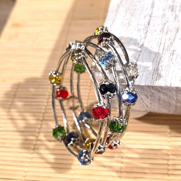 Silver Tone Crystal Wrap Bracelet With Multicolor Faceted Beads Filigree Details - Picture 3 of 7